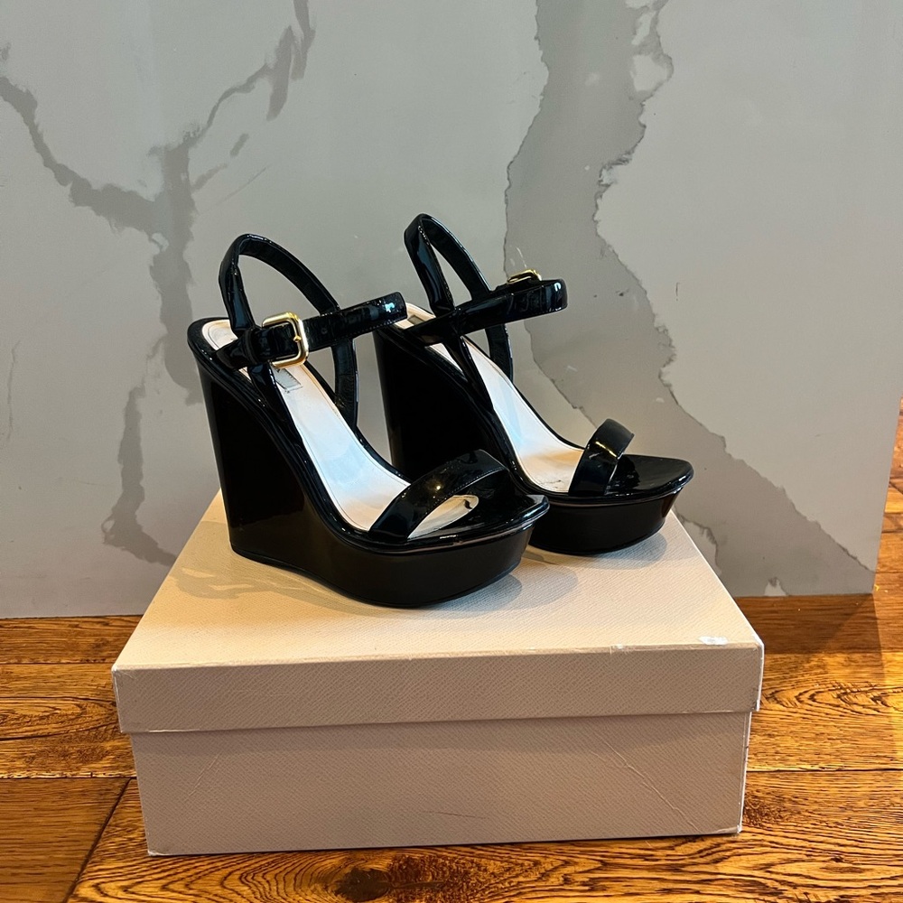 Prada patent leather wedges